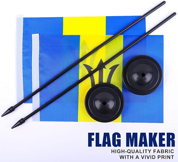 Barbados Desk Flag 12" Solid Pole Deluxe Set Barbadians Flags Banner Mini Small Barbados Office Table Flags with Black Stand Base Desktop Decorations(2Pack)
