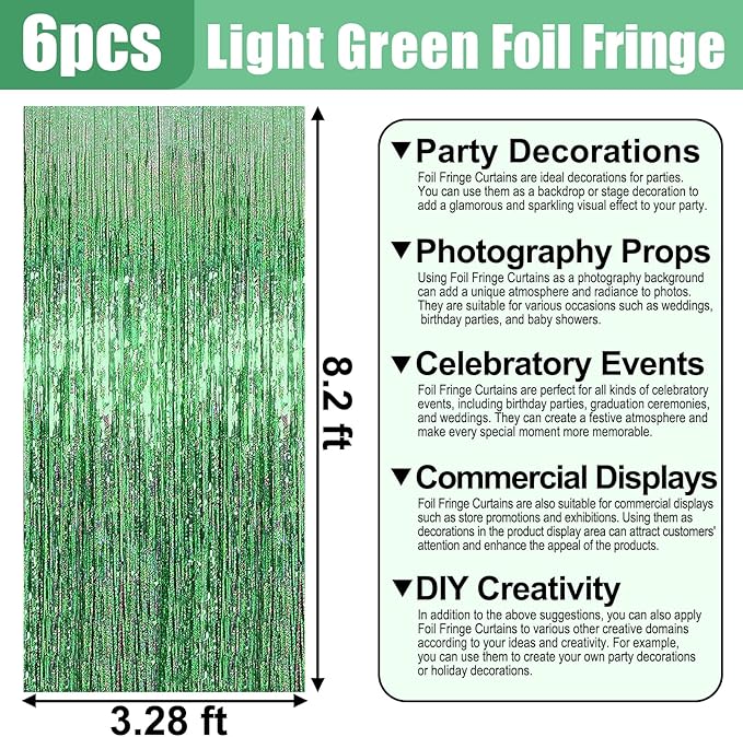 6 Pack Light Green Foil Fringe Curtain Backdrop, 3.28Ft x 8.2Ft Metallic Tinsel Foil Fringe Streamer Curtains for Photo Booth, Valentine's Day, Christmas Day, New Year, Wedding Party Decorations