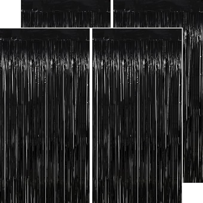 Halloween Decorations Black Streamers - Thicken 4 Pack 3.2 x 8.2 FT - Black Tinsel Foil Fringe Backdrop Curtains, Photo Booth Props for Birthday, Halloween, Retirement, Bachelor Party Decorations