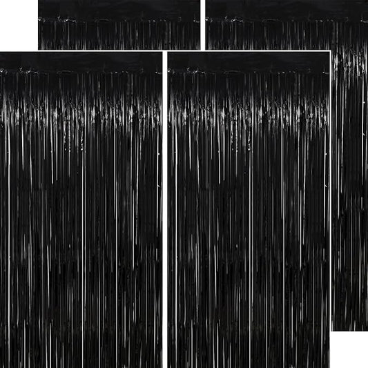 Halloween Decorations Black Streamers - Thicken 4 Pack 3.2 x 8.2 FT - Black Tinsel Foil Fringe Backdrop Curtains, Photo Booth Props for Birthday, Halloween, Retirement, Bachelor Party Decorations