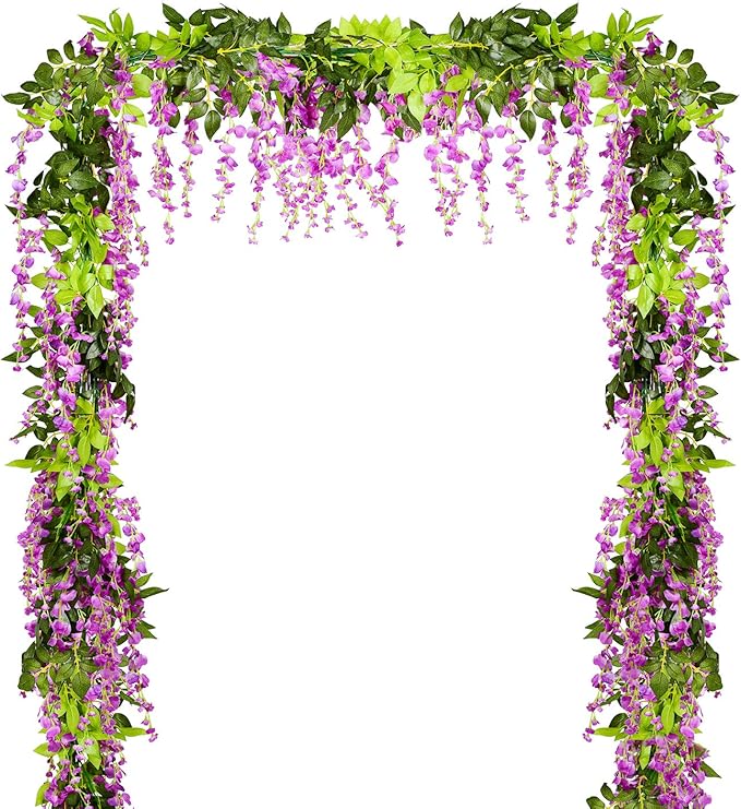 DearHouse 4Pcs 6.6Ft/Piece Artificial Flowers Silk Wisteria Garland Artificial Wisteria Vine Rattan Silk Hanging Flower for Home Garden Outdoor Ceremony Wedding Arch Floral Decor