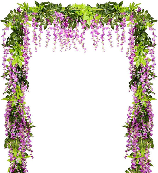 DearHouse 4Pcs 6.6Ft/Piece Artificial Flowers Silk Wisteria Garland Artificial Wisteria Vine Rattan Silk Hanging Flower for Home Garden Outdoor Ceremony Wedding Arch Floral Decor