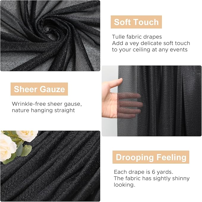 Wokceer Wedding Arch Draping 2 Panels 28.7" x 20FT Black Sheer Fabric Backdrop for Ceremony, Birthday Party, Bridal Shower Decoration