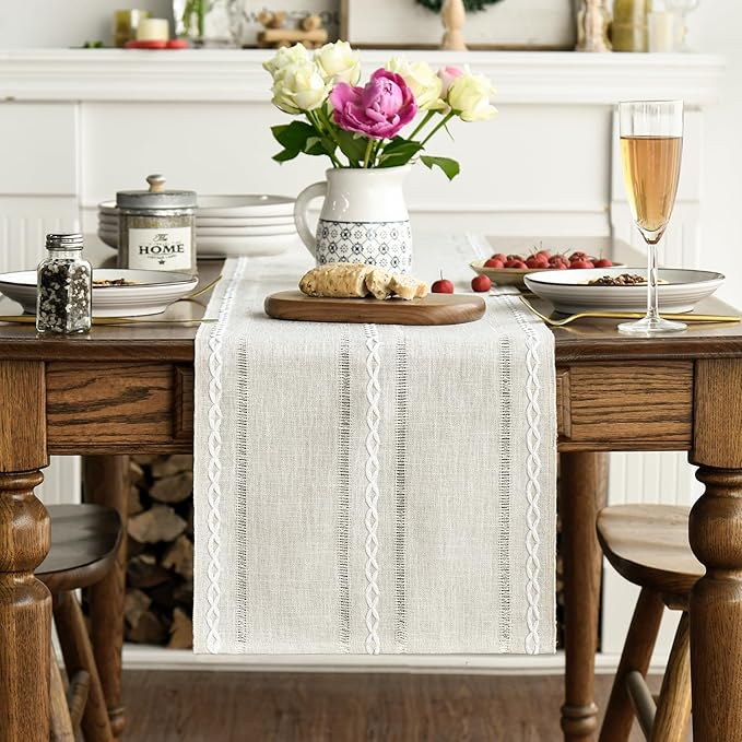 Artoid Mode Beige Rustic Cotton Linen Table Runner, Seasonal Embroidered Hollow Kitchen Dining Table Decoration for Home Party Decor 13x108 Inch