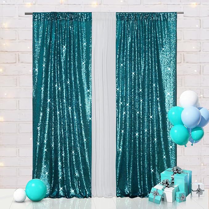 Eternal Beauty Teal Sequin Backdrop Curtains, Shimmer Back Drop 2Panels-2FTx8FT for Christmas, Party, Birthday, Photography, Wedding, Baby Shower Event Decoration