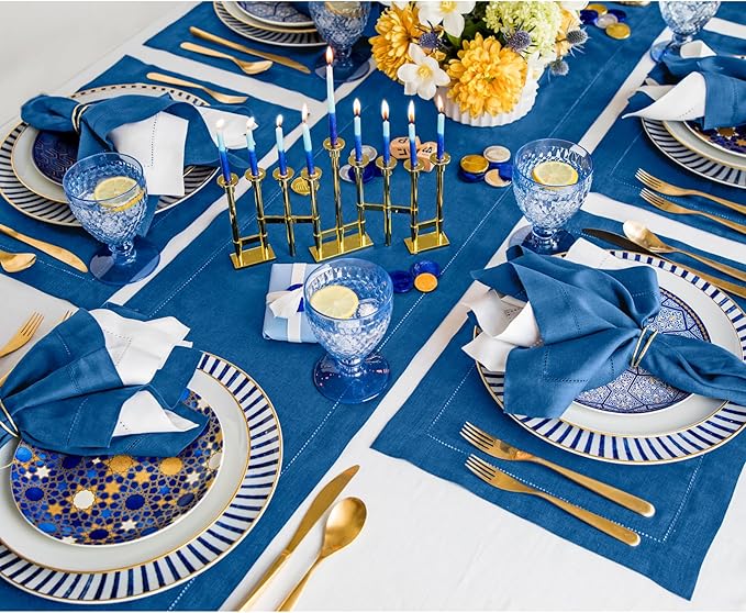 Solino Home Linen Indigo Blue Table Runner 132 Inches Long - 100% Pure Linen Extra Long Table Runner 14 x 132 Inch for Fall, Autumn - Classic Hemstitch