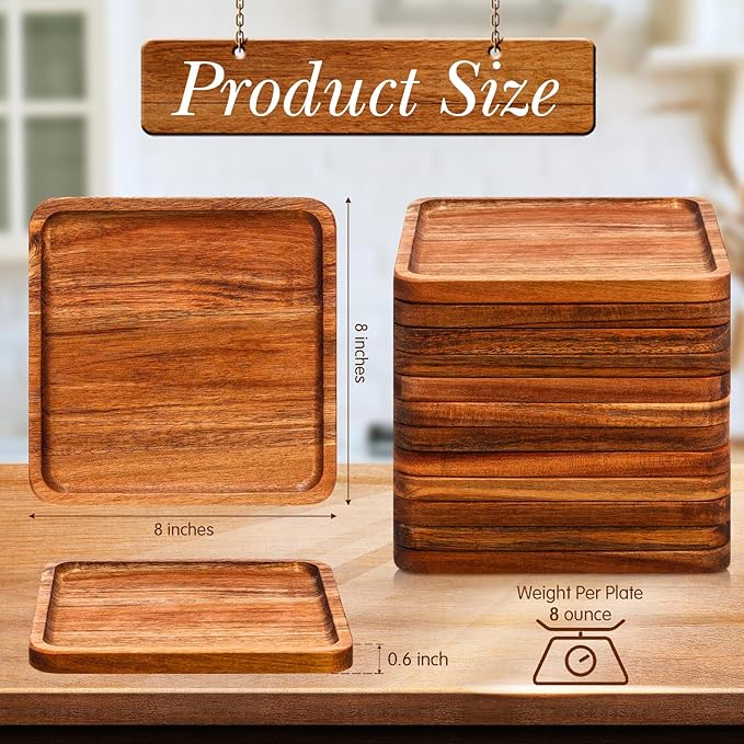 Roshtia 12 Pcs Wooden Plates Square Acacia Wood Charcuterie Board Wedding Dinner Serving Tray Charger Appetizer Kitchen Platter Cheese Steak Tableware Gift for Snack Dessert Salad Fruit (8 Inch)