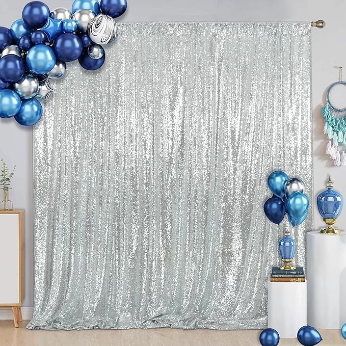 SquarePie Sequin Backdrop 10FT x 10FT Silver Curtain Background Wedding Party Decoration