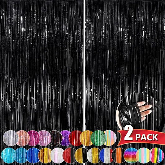 Black Metallic Tinsel Foil Fringe Curtains, 2 Pack 3.3x8.3 Feet Party Streamer Curtains for Birthday Party Decorations, Halloween Decor, Foil Curtain Backdrop for Bachelorette Party