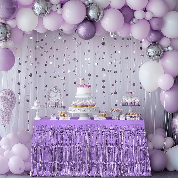 2 Pack Light Purple Table Skirts, 29x108" Metallic Foil Tinsel Fringe Table Skirts for Rectangle Tables Streamer Curtains Backdrop, Party Decorations for Birthdays Weddings Holidays