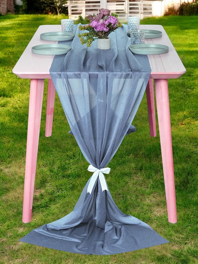MDS 10 Pack 10ft Chiffon Table Runner 29 x 120 Inches Sheer Wedding Runner Romantic Rustic Table Runner for Wedding Decorations, Birthday Parties, Bridal Shower Party Arch Decor - Dusty Blue
