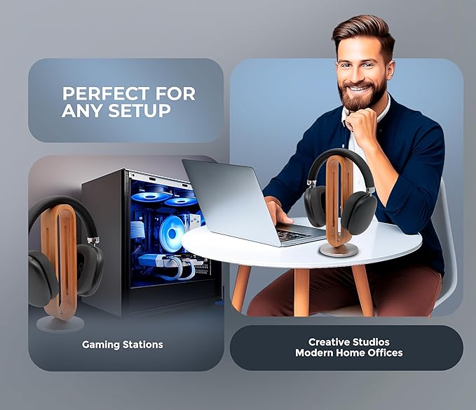 Headphone Stand for Desk – Premium & Minimalist Headset Holder with Round or Oval Base for Gaming, Office & Home (Bamboo, Oval)