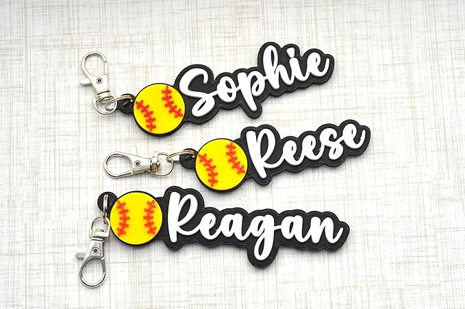 Personalized Softball bag tag for water bottles, sports, gym, and softball bags. Custom keychain for softball baseball coaches, players, and team party gifts.