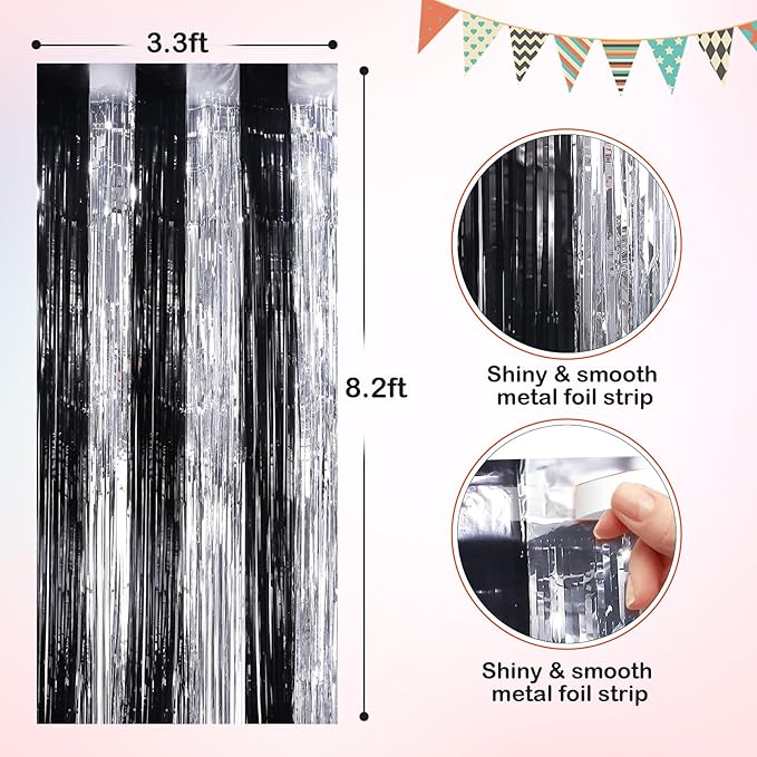 Black Silver Metallic Tinsel Foil Fringe Curtains, 4 Pack 3.3x8.3 Feet Party Streamer for Birthday Party Decorations, Halloween Decor, Foil Curtain for Bachelorette Party