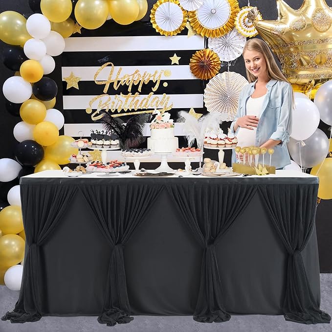 9ft Black Tulle Table Skirt for Rectangle Tables or Round Tables Tutu Table Skirt for Birthday Party Baby Shower Wedding Parties Dessert Buffet Banquet Decorations