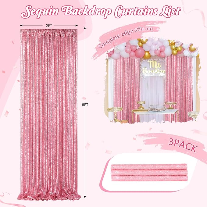 Backdrop Drapes Curtains Panels with Rod Pockets Blush Pink Sequin Party Backdrop 3 Pcs 2x8FT