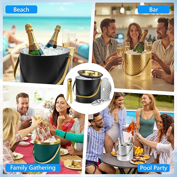 Ice Bucket, Ice Bucket with Silicone Sealing Ring Double-Wall Vacuum Insulation Champagne Buckets with Filter Layer Ice Tongs Ice Scoop (Silver, 4 L)