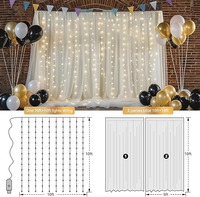 Ledido 10×8ft Tulle Backdrop Curtains with Lights String - 300LED Fairy Lights Sheer Curtain Backdrop for Weddings Baby Shower and Birthday Party Decorations(6 Panels 5×8ft)