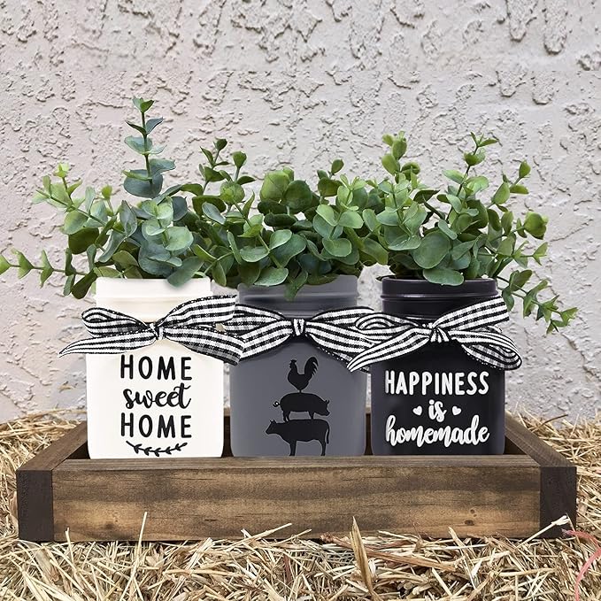 Mini Mason Jar Centerpiece Table Decorations for Farmhouse Coffee Table Dining Table Decor Tiered Tray Jar with Lids for Kitchen Living Room Set of 3