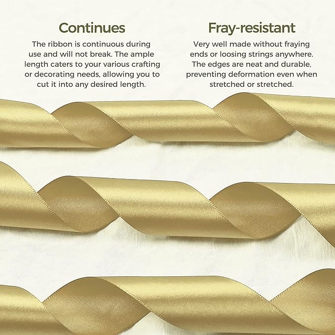 Light Gold Satin Ribbon 3/8 inch X Continuous 100 Yards, Single Face Polyester Ribbon Perfect for Gift Wrapping, Flower Bouquet, Wedding Decor, Crafts, Bow Making, Sewing and More
