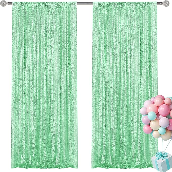 Mint Green Sequin Backdrop Curtain 2 Pieces 2FTx8FT Glitter Photography Backdrop for Party Wedding Birthday Christmas Decorations