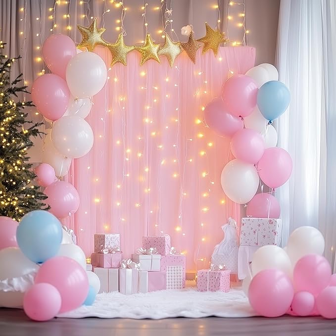 Fomcet Pink Tulle Backdrop Curtains with Lights String 10FT X 10FT Sheer Curtain with Lights Tulle Curtains Backdrop for Wedding Birthday Party Photo Shoot (2 Panels 5x10FT)