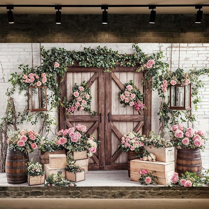 7x5ft Country Wedding Photography Backdrop Floral Rustic Roses Farmhouse Wooden Door Backdrop Pink Flower Birthday Baby Shower Wedding Bridal Party Banner Photo Booth Props Anniversary Background