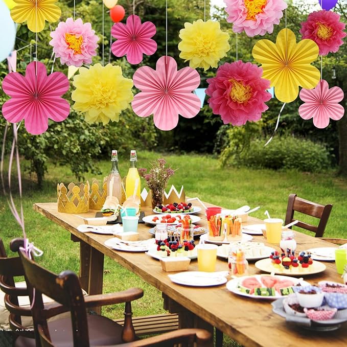 BestoFun 12PCS Paper Flowers Fans Hot Pink Yellow Party Decorations Tissue Paper Flowers Decorations for Girl Groovy Birthday Baby Shower Wedding Bachelorette Room Wall Hanging Décor