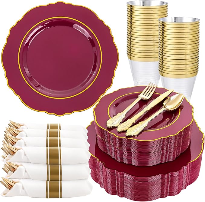 Liacere 350PCS Red Plastic Plates-Disposable Burgundy Red and Gold Plates 50guest Baroque Plastic Dinnerware include 100Plates, 50Pack Pre Rolled Napkins with Silverware 50Cups for Girlfriends' Day
