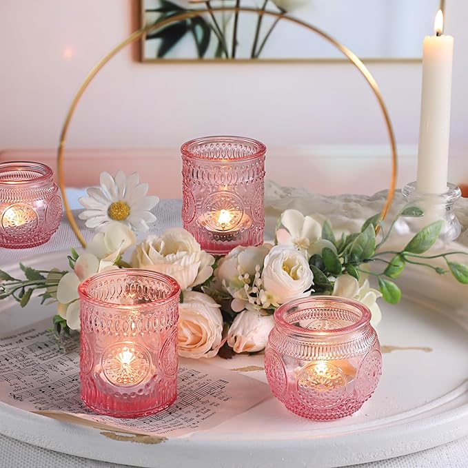 DARJEN 12Pcs Pink Votive Candle Holders - Glass Tea Light Candle Holder for Flameless LED Tea Waxes, Romantic Candle Holder for Wedding Decor, Various Parties & Dinner Table