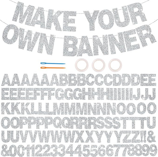 BEISHIDA 116 PCS A-Z Glitter Silver DIY Letter Banner Kit Make Your Own Banner，Including 111 Letters and Numbers 3 Rope and 2 Threading Device,Customized for Birthday Graduation Wedding Party Decor