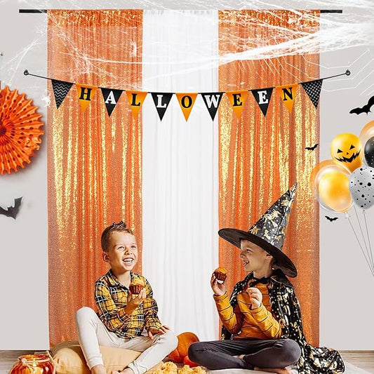 Juya Delight Orange Sequin Backdrop Curtain,2PCS 2FTx8ft Glitter Backdrop Curtain for Party,Birthday,Christmas Wedding Decoration,Orange