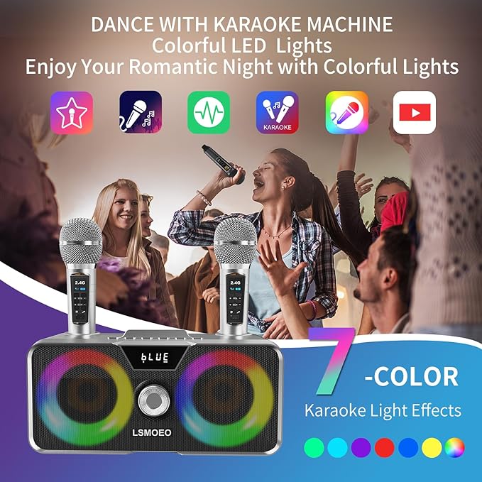 Karaoke Machine for Adults and Kids with 2 UHF Wireless Microphones,Portable Bluetooth Speaker PA Speaker System with LED Party Lights for Home Party, Picnic,Car,Outdoor/Indoor/Birthday Gifts