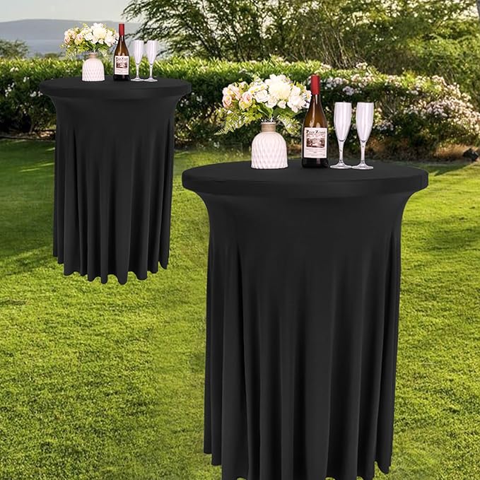 Fivenl 2 Pack Spandex Cocktail Table Skirt 32"x 43" Black Stretch Cocktail Table Cover, Washable Round High Top Tablecloth for Bar, Wedding, Party, Events (Black)