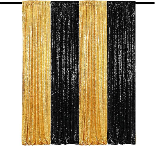 Black Gold Sequin Backdrop Curtain 4 Panels 2FTx8FT Glitter Background Drapes Sparkle Photography Backdrop for Party Wedding Birthday Wall Decoration
