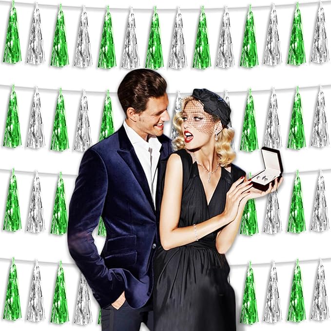 4P Green Silver Foil Fringe Tassel Banner Garland Metallic Tinsel Streamers Wall Hanging Curtain Backdrop Banner for Parade Floats, 2024 Graduation Decorations, Father's Day Party Decoration