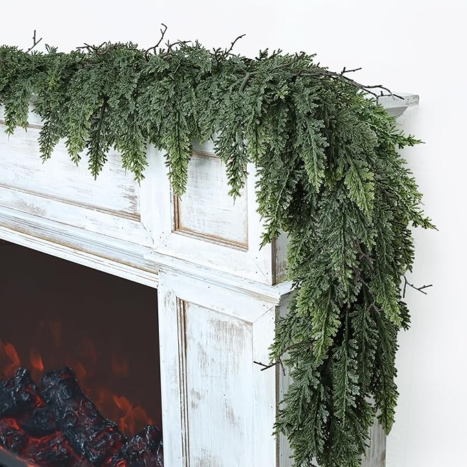 Realistic Christmas Garland for Mantle 6FT Real Touch Thick/Lush Artificial Cedar Garlands Christmas Decorations Indoor Christmas Garland for Stairs Railing Outdoor Fireplace Table Xmas Holiday Decor