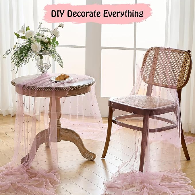 Fanami 1 Pack Pearl Table Runner -10FT Blush Pink Boho Tulle Table Runners 120 Inches Long Rustic Sheer Lace Fabric Centerpieces for Wedding Arch Birthday Party Bridal Veil Baby Shower Decorations