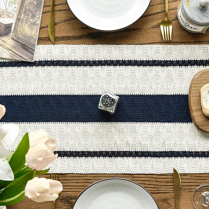 Artoid Mode Dark Blue Farmhouse Woven Rustic Table Runner, Seasonal Holiday Hollow Kitchen Dining Table Decoration for Home Party Decor 12x90 Inch