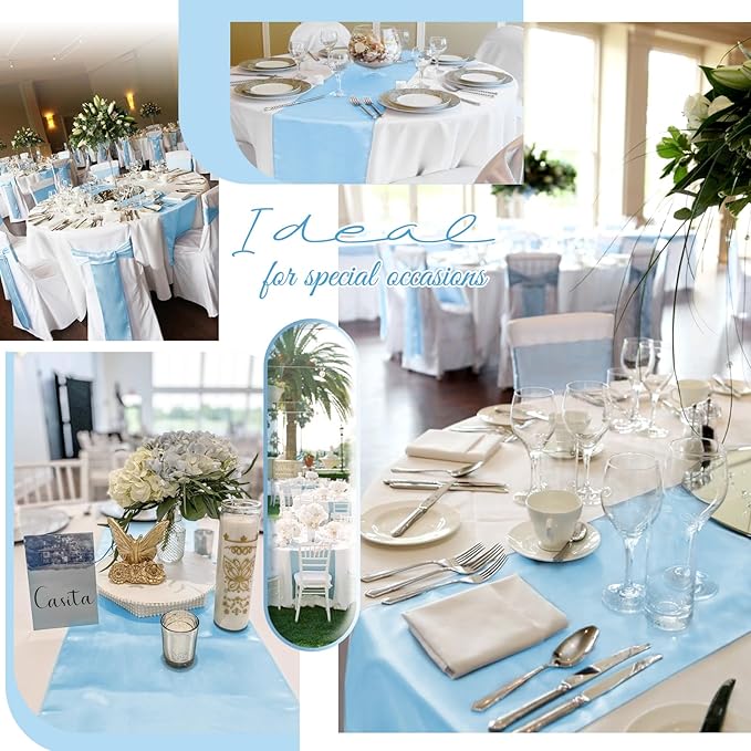 12 Pack Light Blue Satin Table Runner,12 x 108 inch Long Premium Smooth Table Runner for Wedding, Banquets, Birthday, Party, Graduation, Engagements,Table Runners fit Rectangle and Round Table