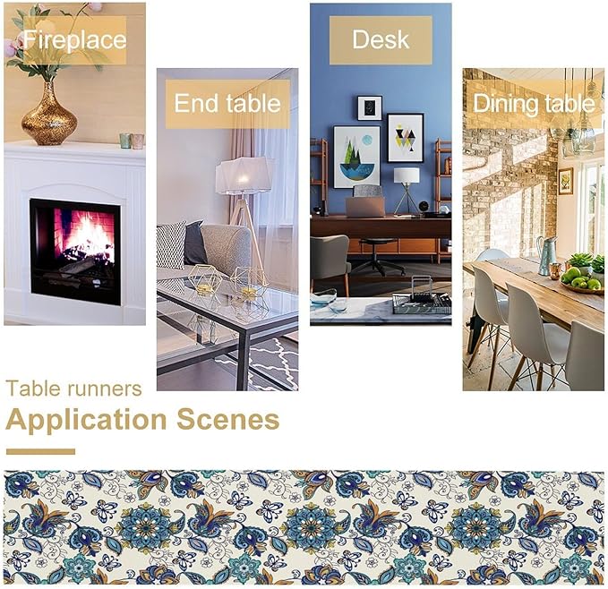 Oriental Paisley Table Runner, Luxury Vintage Blue Teal Floral Butterflies Print Table Runner for Home Dining Kitchen Coffee Table Party Decor, 13x60inch