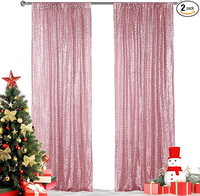 Hahuho Rose Pink Sequin Backdrop Curtain, 2PCS 2FTx8FT Glitter Backdrop Curtain for Parties, Christmas, Wedding, Banquet Decoration（2 Panels, 2FT x 8FT, Rose Pink）