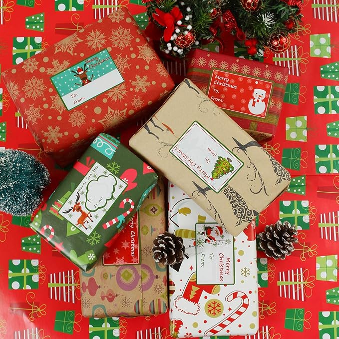 Elcoho 300 Pieces Christmas Self Adhesive Gift Tag Self Stick Stickers Gift Name Tag Christmas Stickers with 6 Different Designs (Color A)