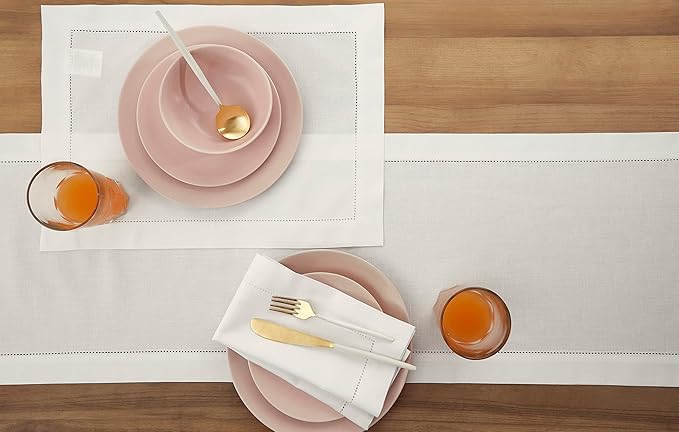 Solino Home White Table Runner 108 Inches Long - Cotton Linen Hemstitch 14 x 108 Inch Table Runner for Dining, Fall, Autumn, Halloween, Thanksgiving, Holiday