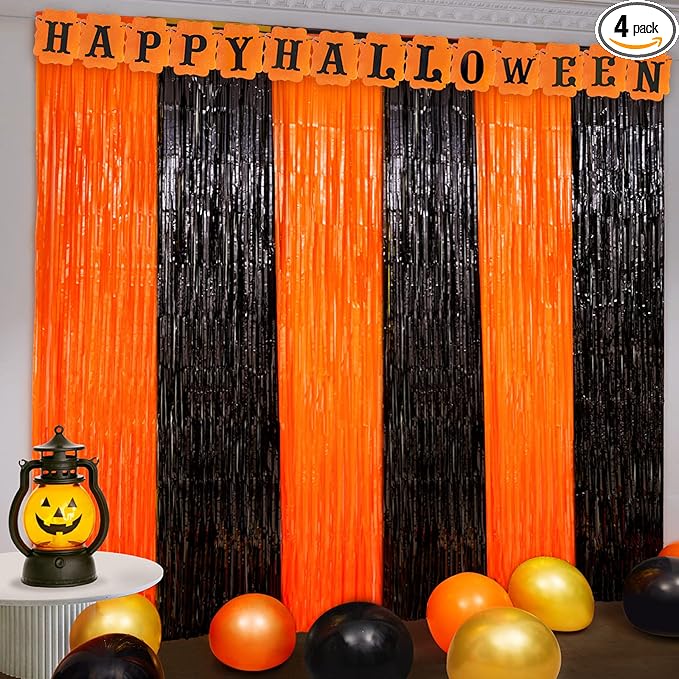 4 Pack Black and Orange Tinsel Foil Fringe Curtains, Halloween Party Photo Backdrop Streamers Backdrop for Birthday Anniversary Party Halloween Party Decoration
