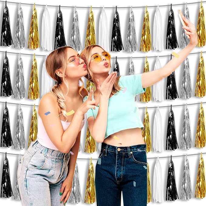 4P Black Gold Silver Foil Fringe Tassel Banner Garland Metallic Tinsel Streamers Wall Hanging Curtain Backdrop Banner for Parade Floats, 2024 Graduation Decorations, New Years Decorations, Father' Day
