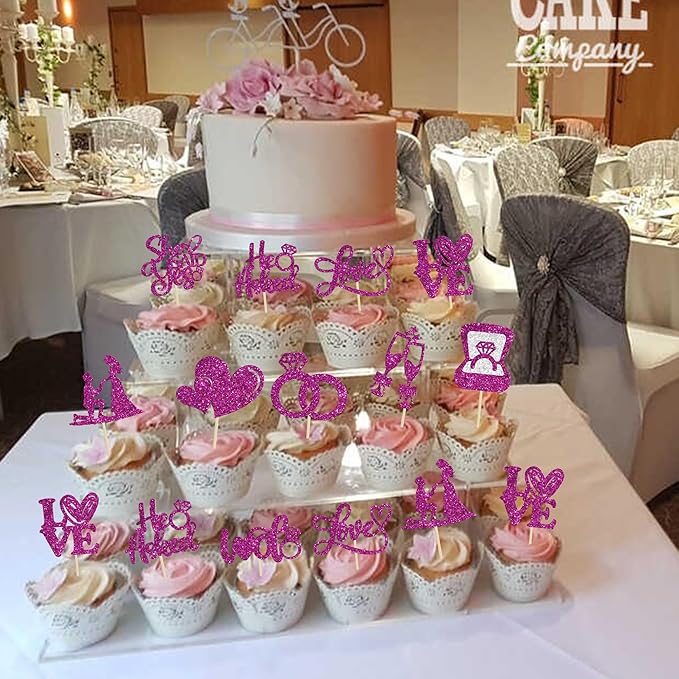 Ephlyn 30Pcs He Asked She Said Yes Cupcake Toppers Glitter Engagement Cupcake Toppers Diamond Ring Heart Love I Do Cupcake Picks for Engagement Wedding Party Cake Decorations Purple