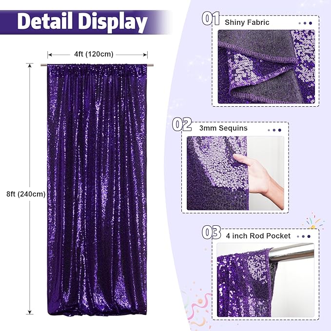 Poise3EHome 4x8ft Purple Sequin Backdrop, Upgrade Shimmer Backdrop for Wedding Christmas Party Photo Booths Event Decorations