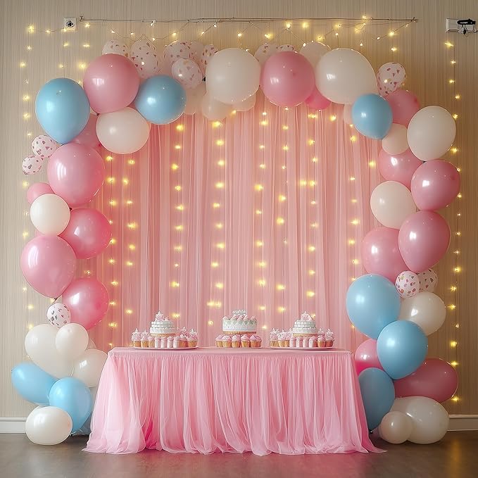 Fomcet Peach Tulle Backdrop Curtains with Lights String 10FT X 8FT Sheer Curtain with Lights Tulle Curtains Backdrop for Wedding Birthday Party Baby Shower Photo Shoot (2 Panels 5x8FT)