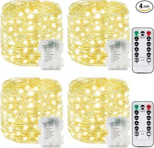 4 Pack Each 33FT 100LED Fairy Lights Battery Operated with Remote, Waterproof Twinkle Lights with Timer, Cuttable String Light Indoor & Outdoor for Bedroom Classroom Wedding DIY Christmas (Warm White)